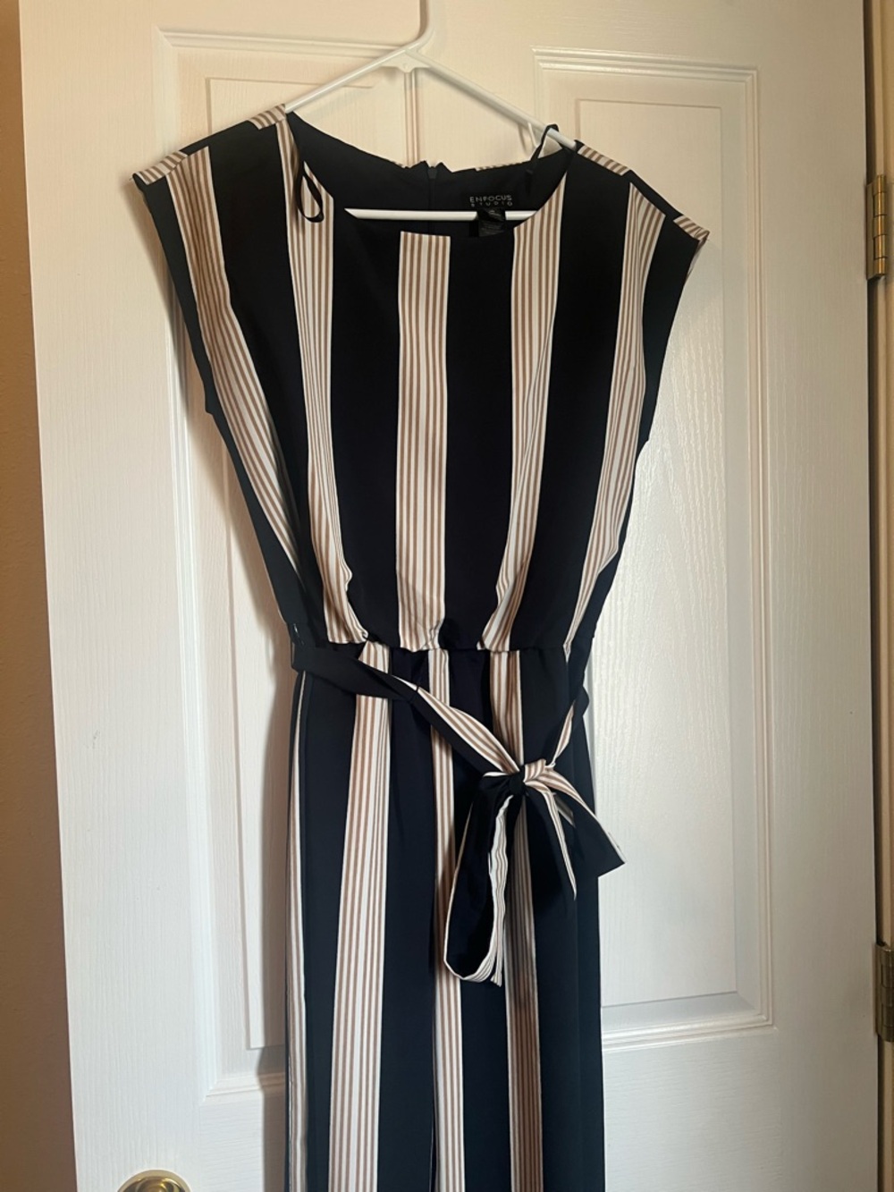 Striped Black & Cream Jumpsuit with Tie Waist